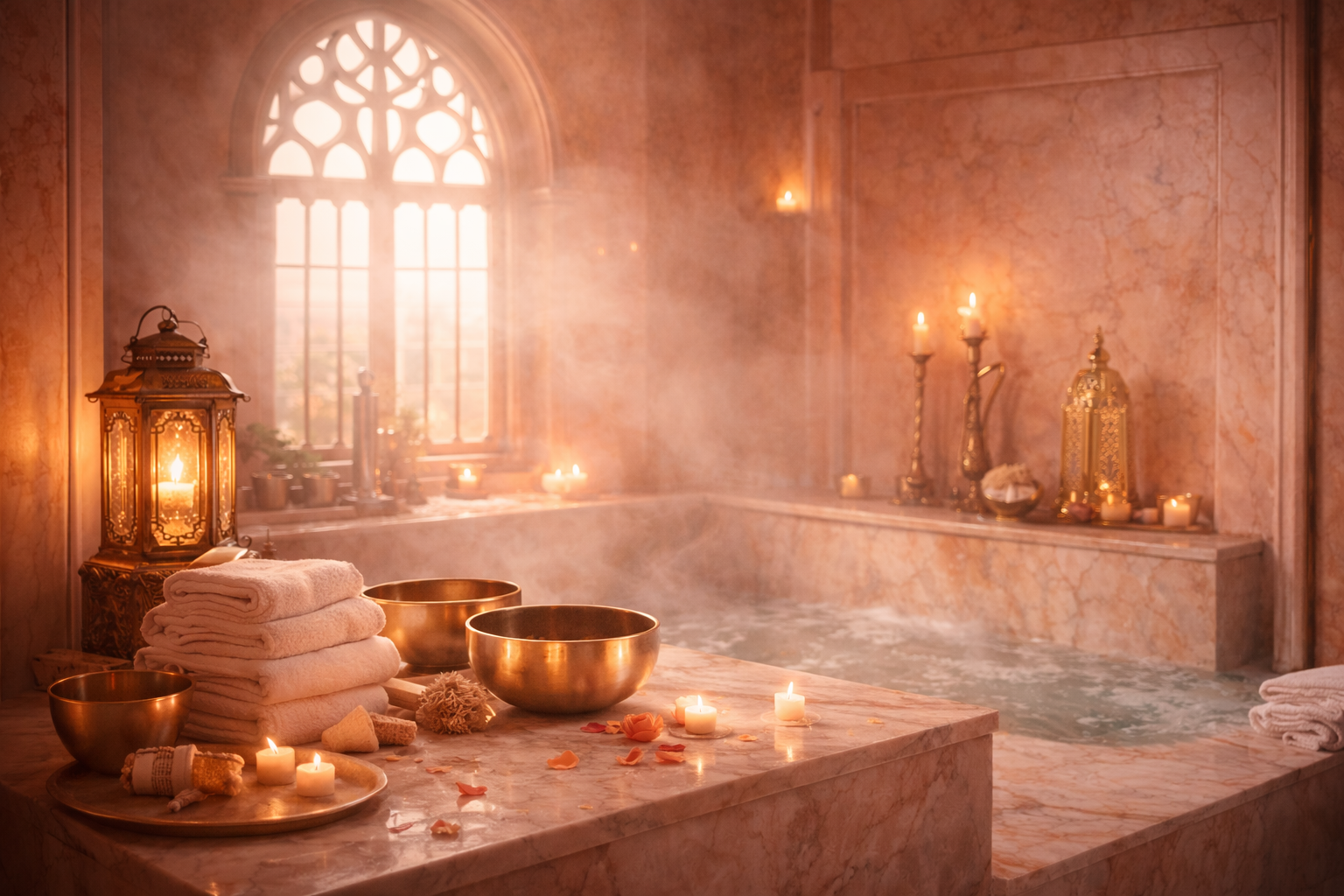 Relaxing Hamam bath scene with candles, towels, and decorative items in a warm-toned room.