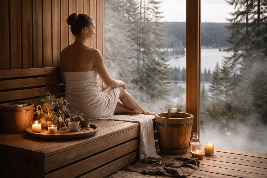 Woman in a sauna with a view of trees and water