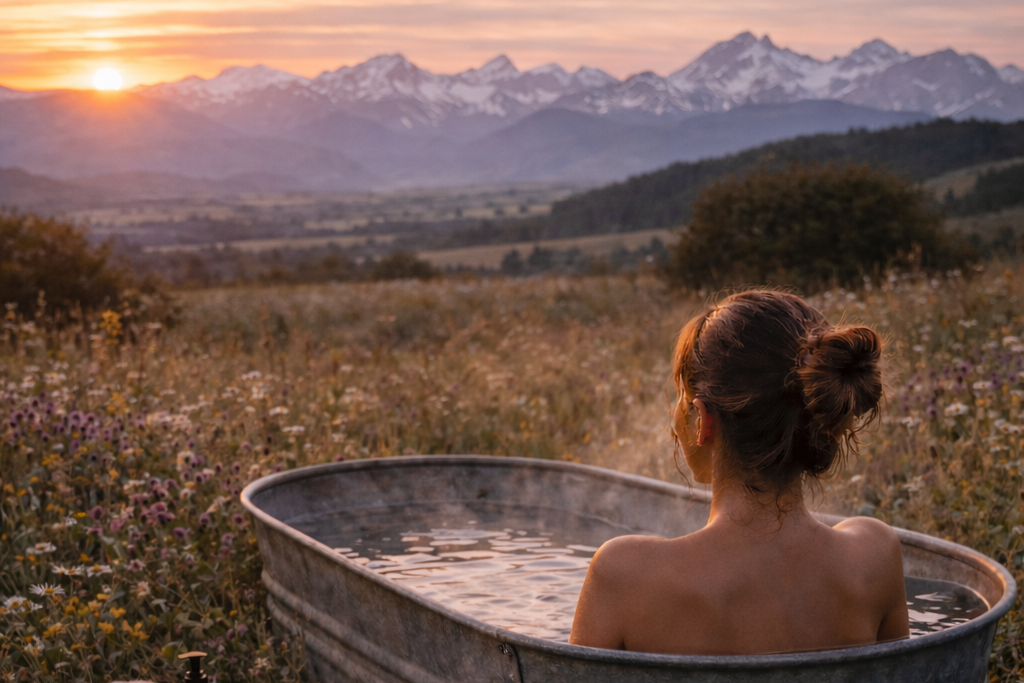 Person in a bathtub in a field with mountains and sunset in the background